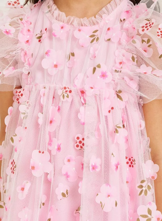 Styli Girls Pink Mesh Flower Embroidered Dress
